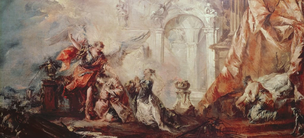 La storia di Tobia, Sara e Tobia prima dell'intervento di Raffaele che ringraziano Dio - Chiesa di s. Angelo Raffaele, Venezia